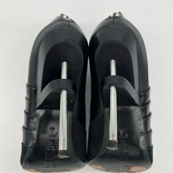 L.A.M.B.Black Patent Leather Open Toe Ankle Boots Silver Stiletto Heel Modern - Picture 11 of 13